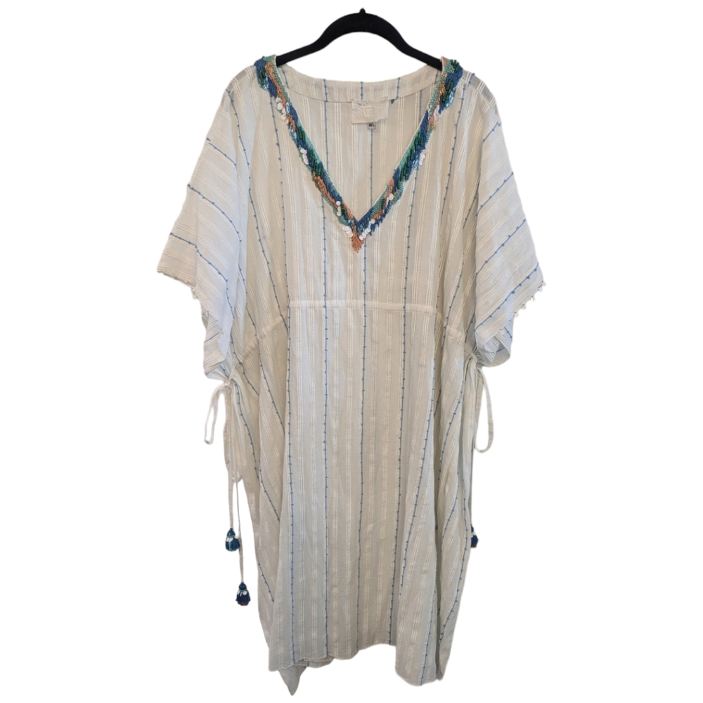 Duet White Sheer Beaded Embroidered Side Tie Dress. Size M/L